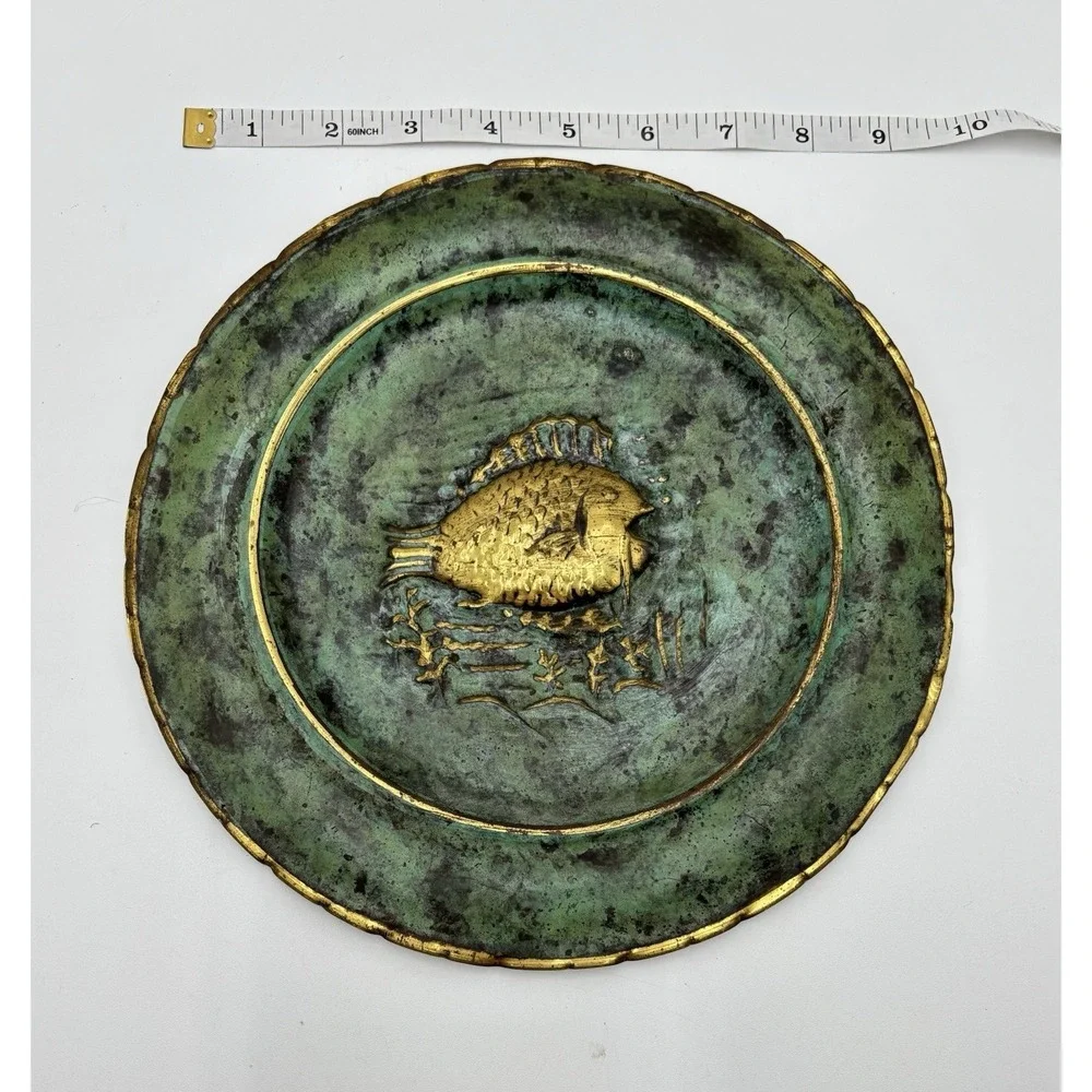Vintage Italian Brass Fish Plate Verdigris Patina Wall Decor Made In Italy